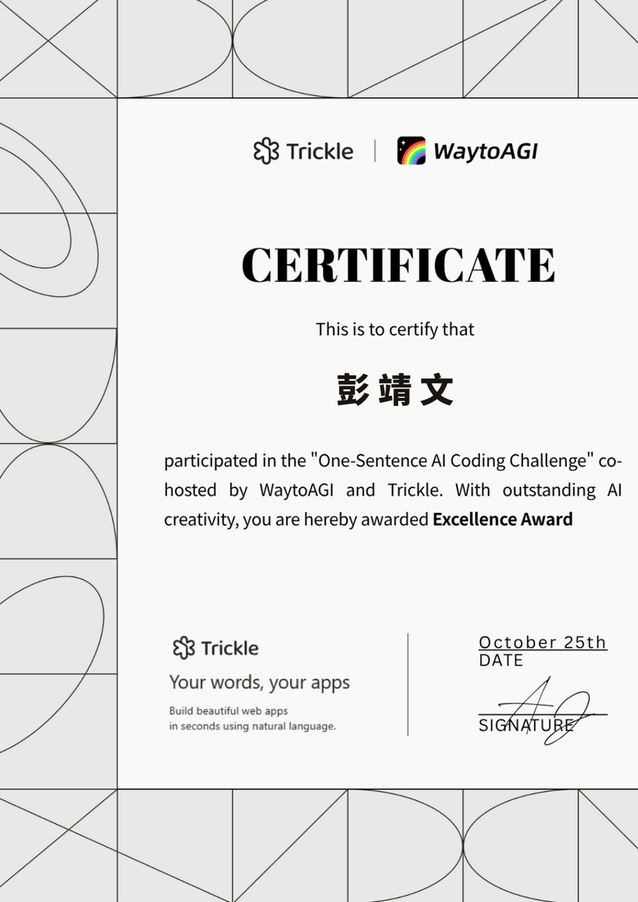 Trickle 优秀奖证书